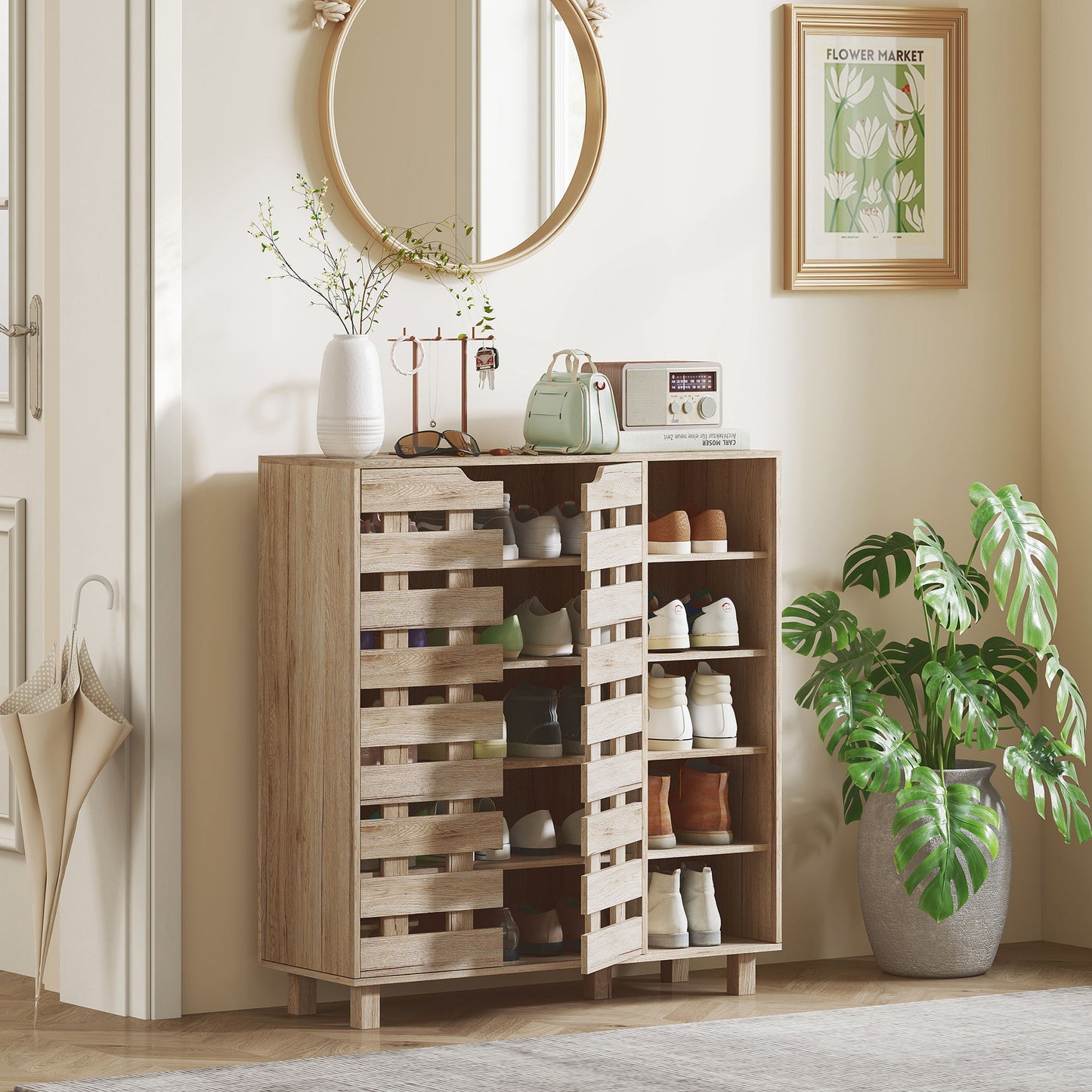 Shoe Cabinet, 21 Pair Shoe Storage Cabinet Organizer with 5-tier Double Door Cabinet and 5-tier Open Shelves, Beige