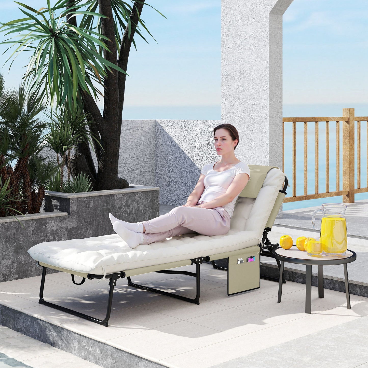 Folding Lounge Chair with 4-level Reclining Back & Cushion, Beige
