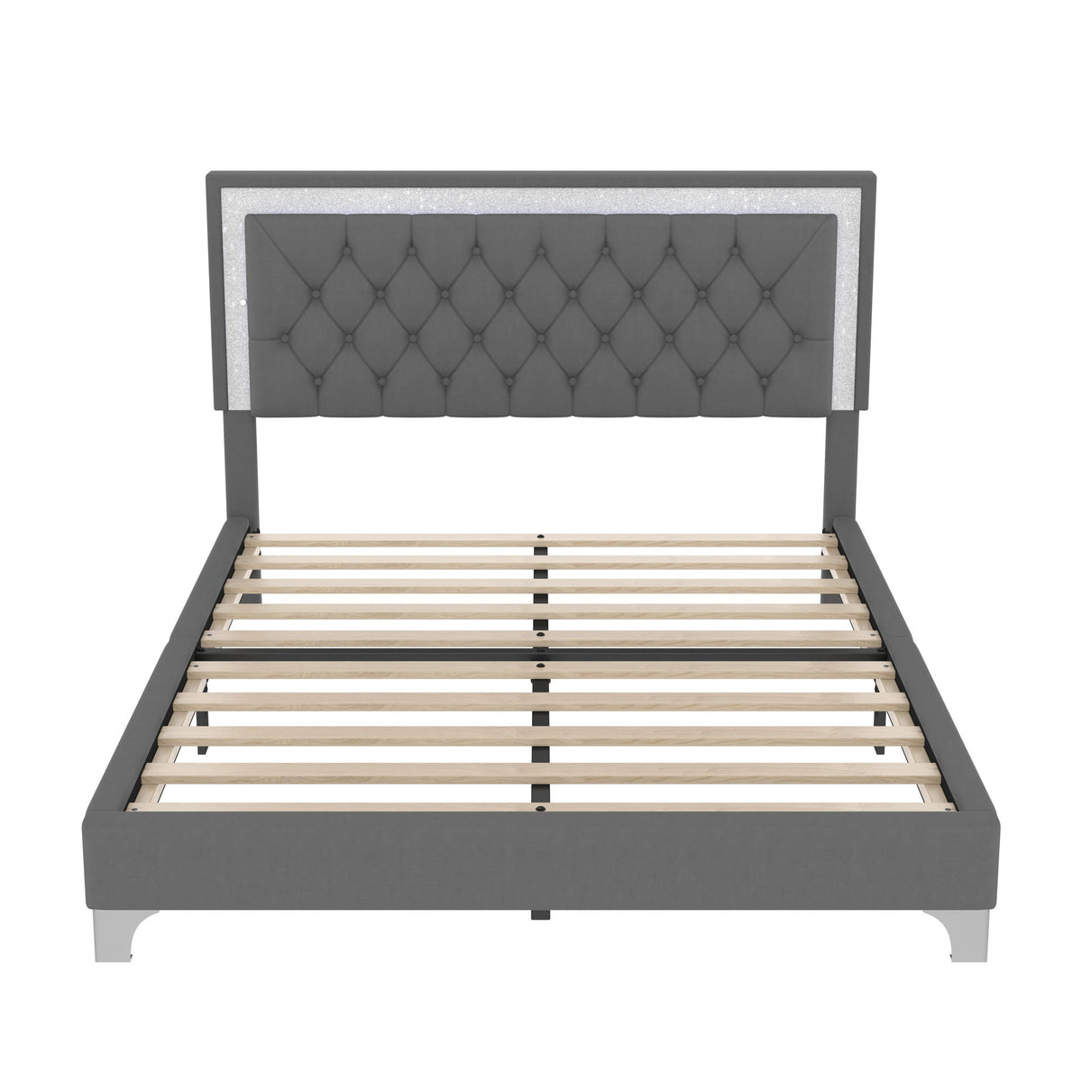 Queen Size Bedroom Set with Upholstered Platform Bed, LED Lights and 2 Nightstands, Bed for Living Room, 84" L x 64" W x 46" H, Gray