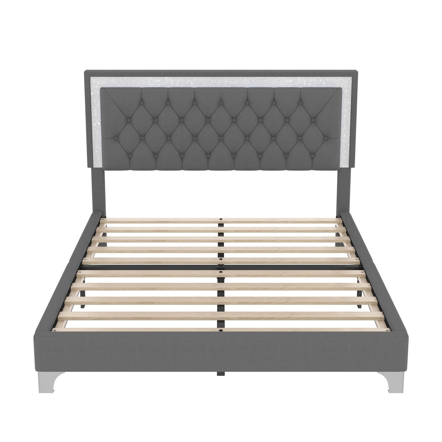Queen Size Bedroom Set with Upholstered Platform Bed, LED Lights and 2 Nightstands, Bed for Living Room, 84" L x 64" W x 46" H, Gray