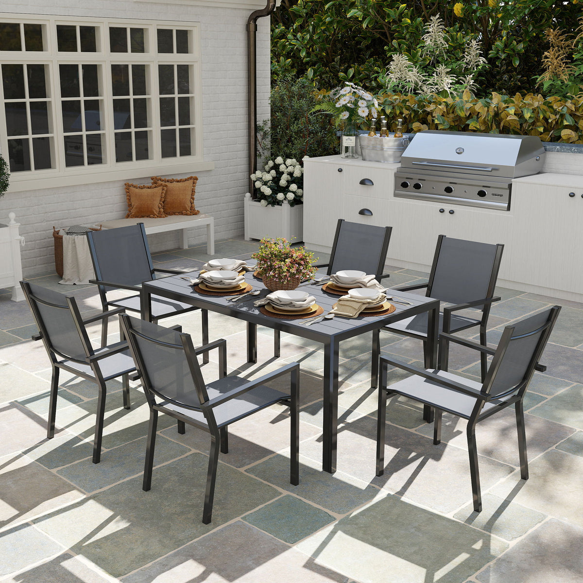 7 Piece Outdoor Dining Set with 6 Stackable Chairs, Rectangle Table, WPC Slatted Top, Rust-Resistant Steel Frame