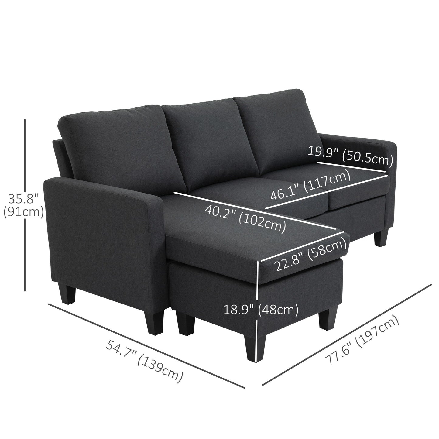 L-Shape Sofa, Modern Sectional Couch with Ottoman, Corner Sofa for Living Room, Dark Grey