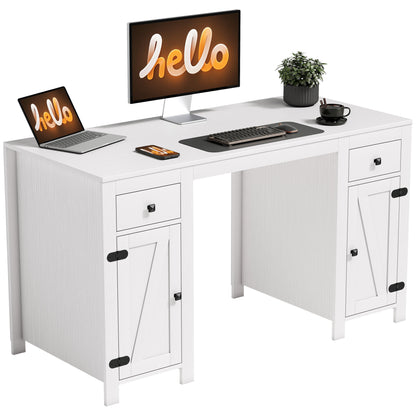 53" Farmhouse Executive Desk with 2 Cabinets - White Wood Grain
