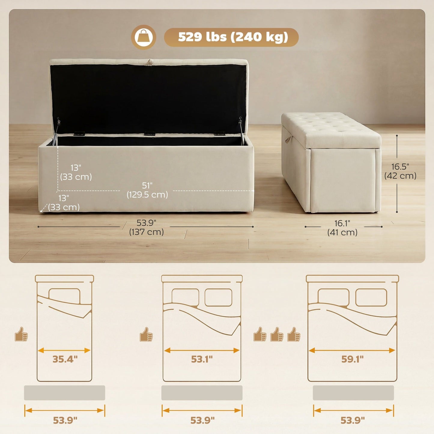 Tufted Velvet Storage Ottoman Bench - Beige