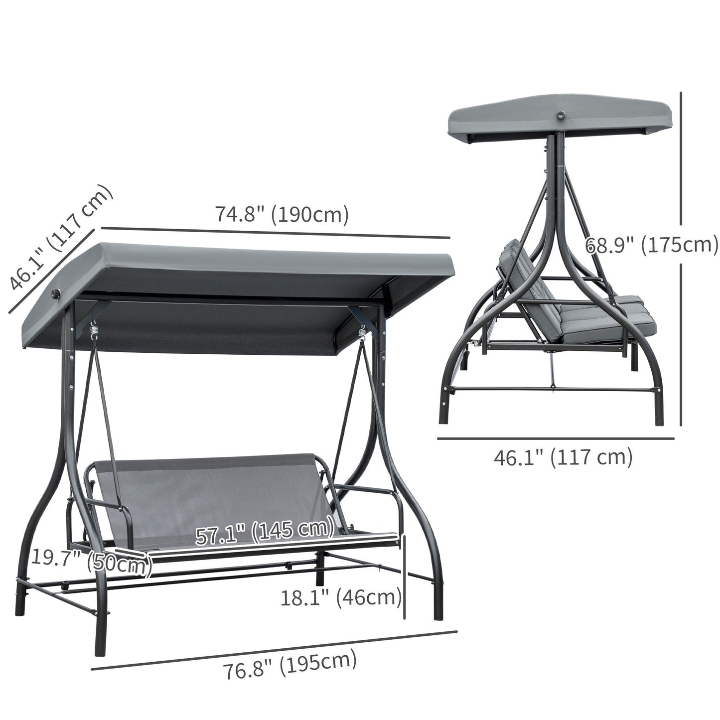 Convertible Patio Swing Bed with Canopy and Cushions, 3 Seater Porch Swing for Outdoor, Backyard, Garden, Dark Grey