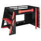 Full Size Wood Loft Bed with Multi-Tier Storage Shelves, Esports-Style Bed Frame with Integrated Side Desk, 93.5'' L x 55.5'' W x 65'' H, Red