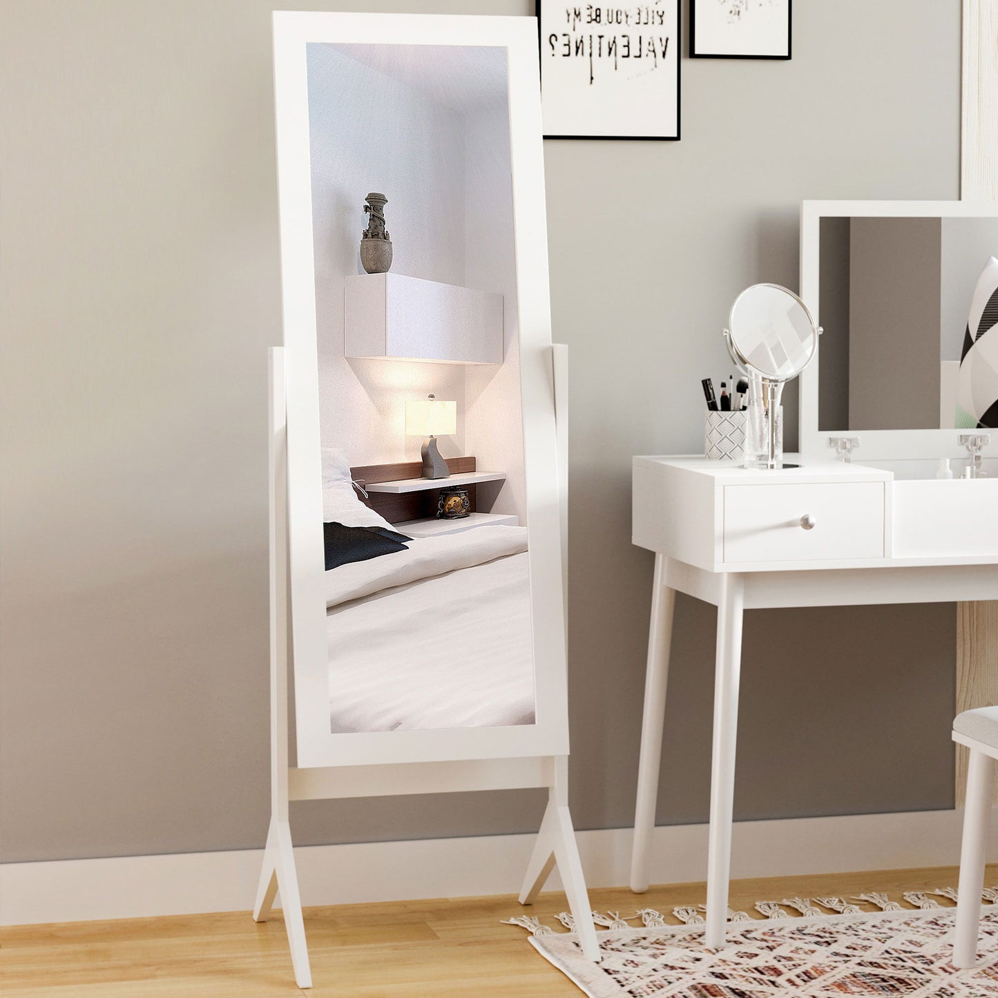 Full Length Mirror, Free Standing Full Body Mirror with Rectangular Frame, Adjustable Angle for Dressing Room, Bedroom, Living Room, White