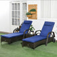 Patio Rattan Lounge Set, Wheeled Wicker Chaise Lounge Chair and Table with Tempered Glass Top, Dark Blue