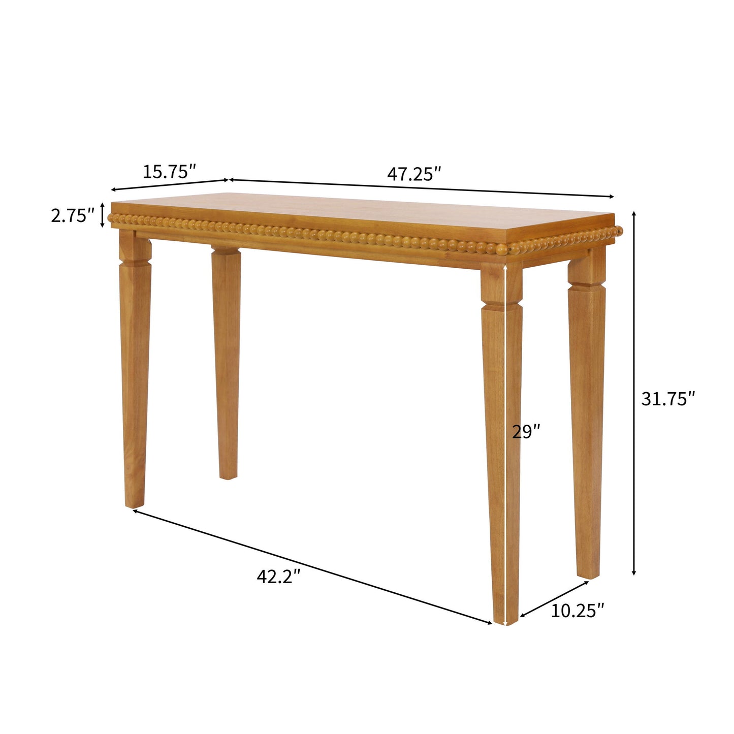 Farmhouse Console Table with Beaded Trim and Natural Wood, Accent Sofa Table for Living Room, Hallway, 47.5'' L x 16'' W x 32'' H, Brown
