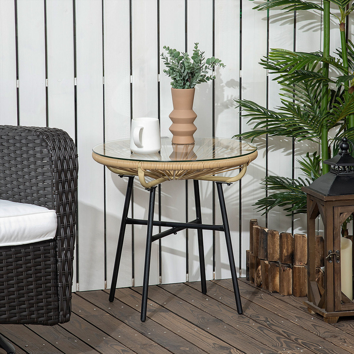 Rattan Side Table, Round Outdoor Table, with Round PE Rattan and Tempered Glass Table Top for Patio, Garden, Beige