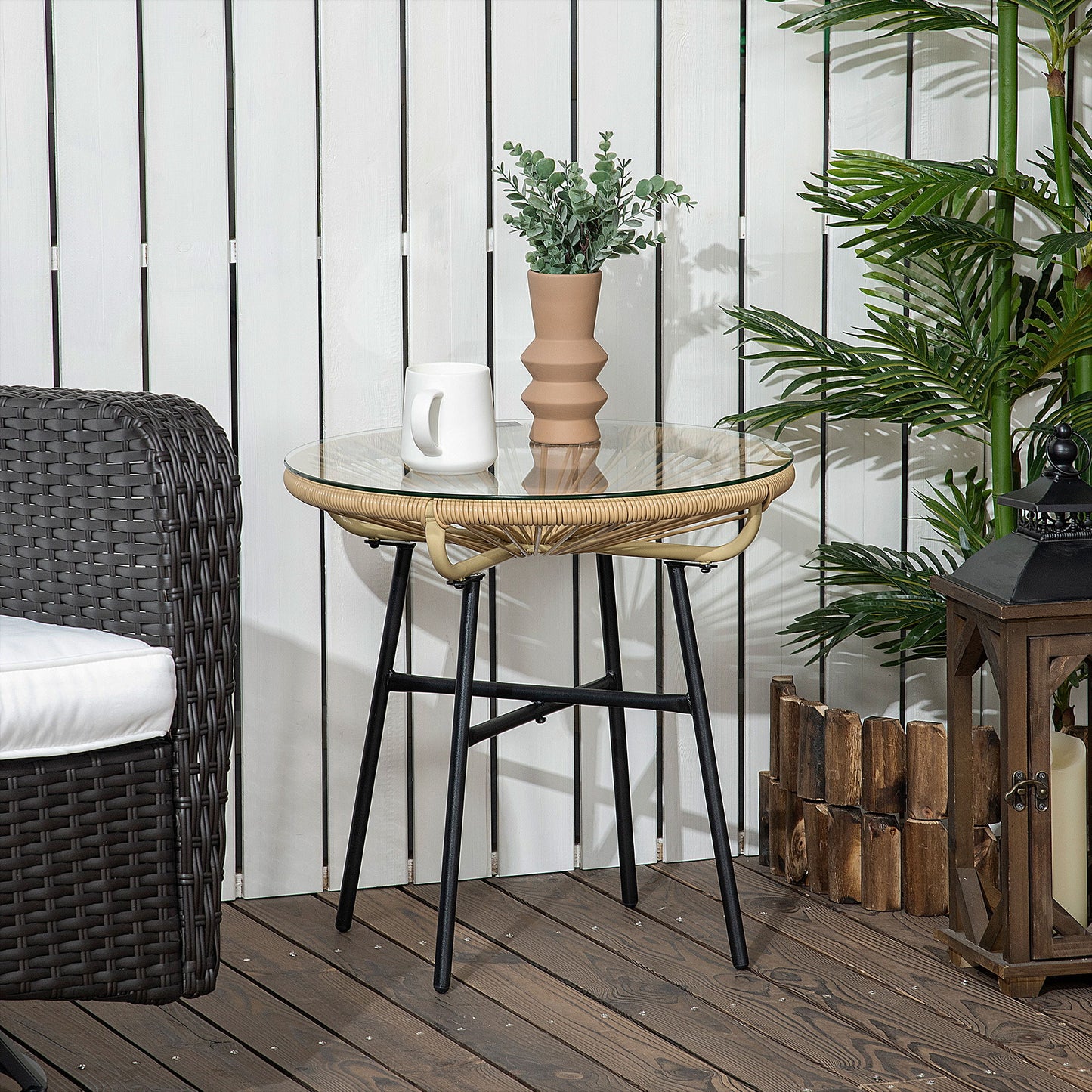 Rattan Side Table, Round Outdoor Table, with Round PE Rattan and Tempered Glass Table Top for Patio, Garden, Beige