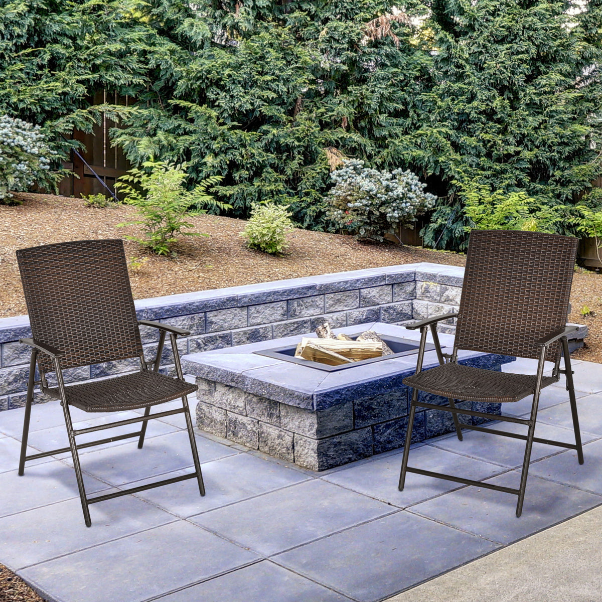 Outdoor Wicker Dining Chair Set of 2, 2 Pieces Rattan Foldable Chair with Steel Frame for Garden, Backyard, Porch, Brown