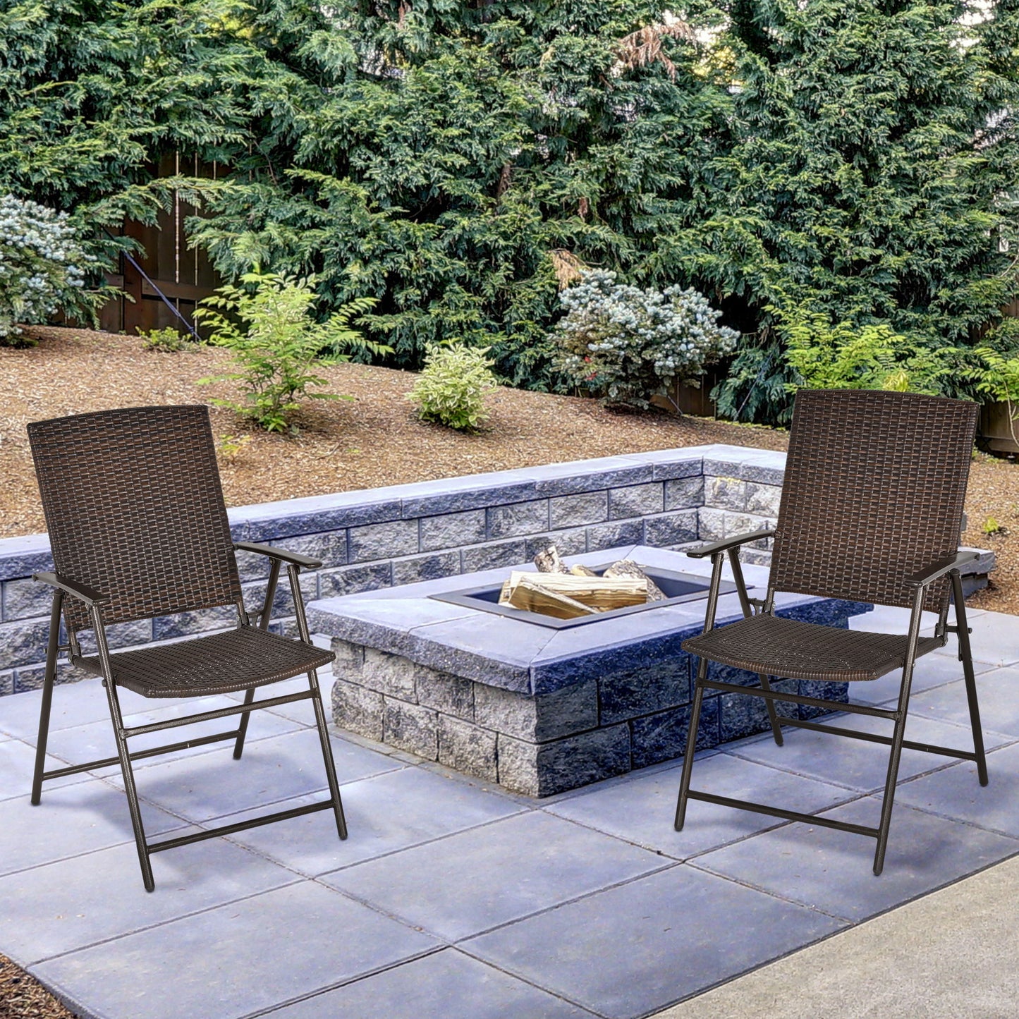 Outdoor Wicker Dining Chair Set of 2, 2 Pieces Rattan Foldable Chair with Steel Frame for Garden, Backyard, Porch, Brown