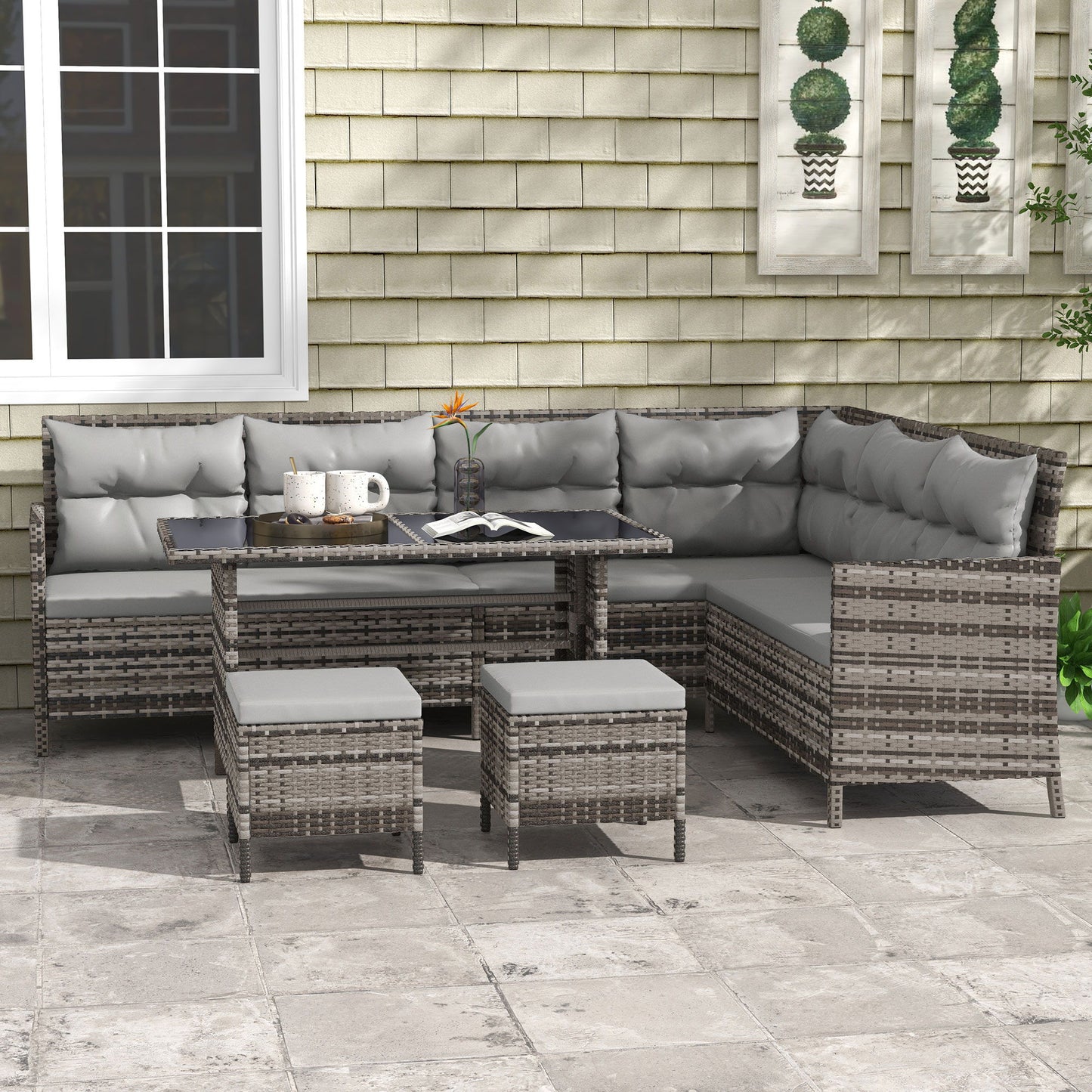 6pcs Outdoor Rattan Sofa Set Garden Wicker Sectional Couch Furniture Set with Dining Table and Chair Grey