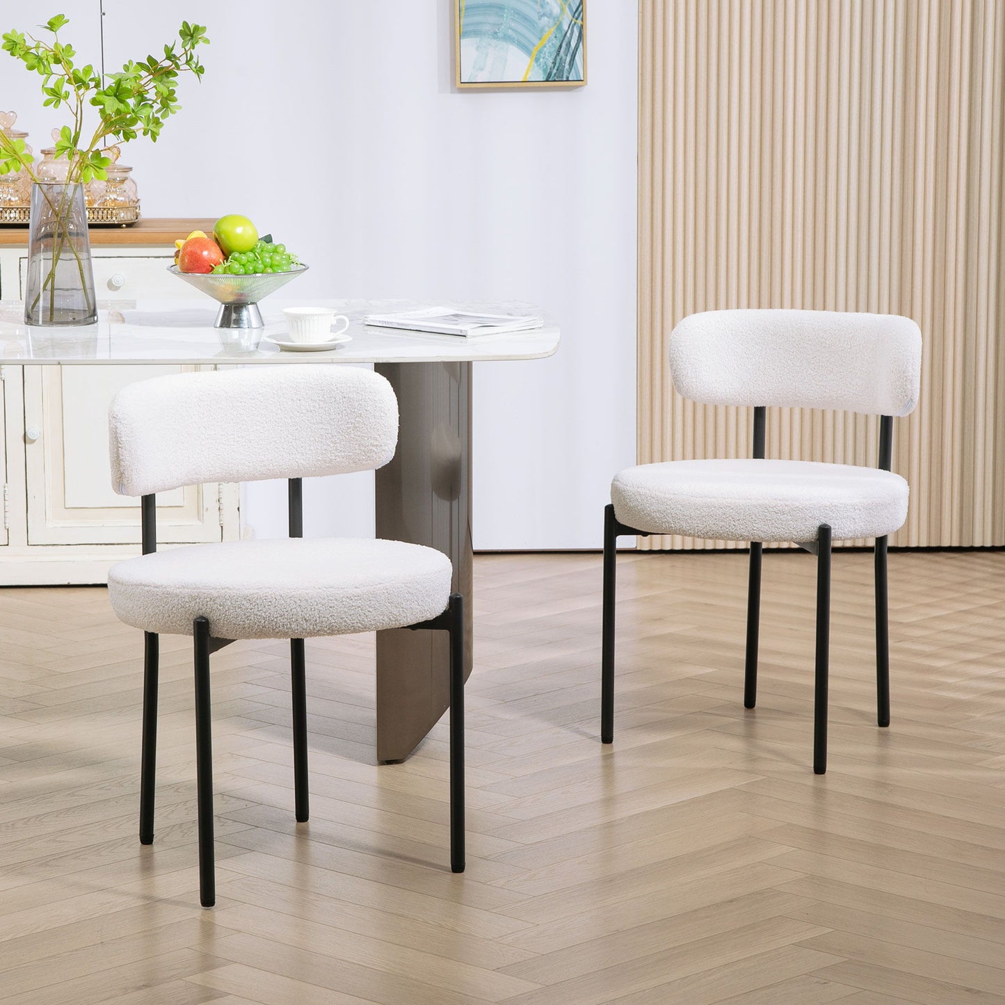 2 Pieces Kitchen Chairs, Modern Dining Chairs w/ Berber Fleece Upholstery and Steel Legs for Living Room, Cream White