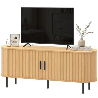 60" TV Stand with Curved Sliding Doors - Natural Wood