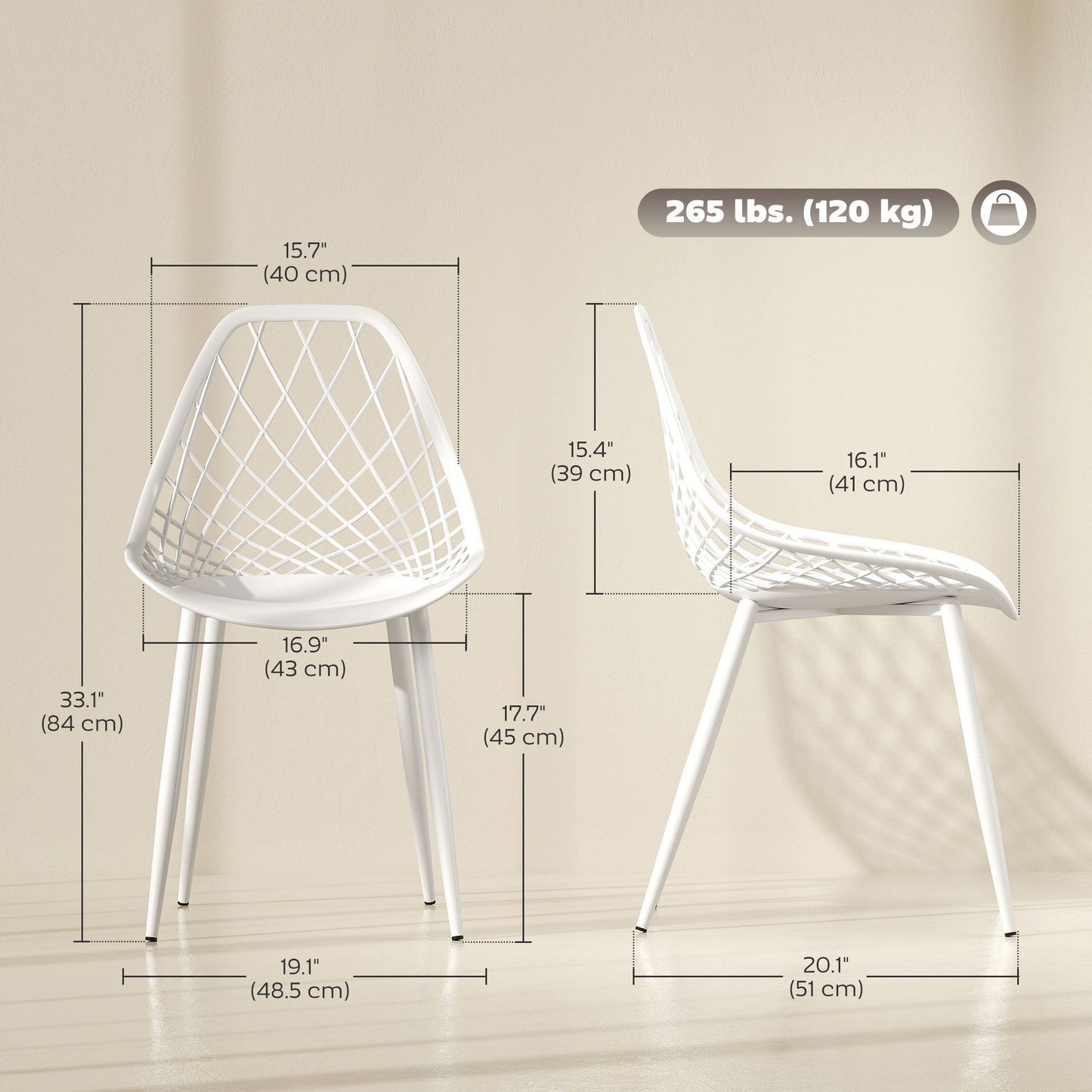 Modern Dining Chairs Set of 4, Plastic Kitchen Chairs with Hollow Backrest and Metal Legs for Living Dining Room, White