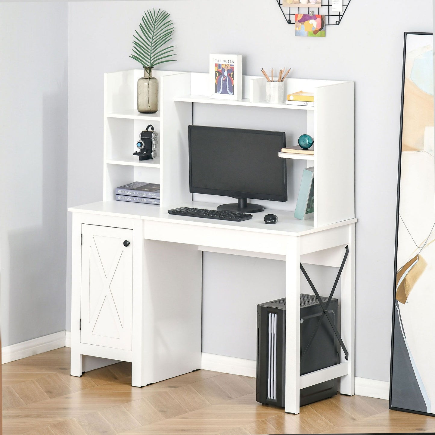 Computer Desk with Storage, 47 Inch Farmhouse Home Office Desk with Open Shelves and 2-Tier Cabinet, White