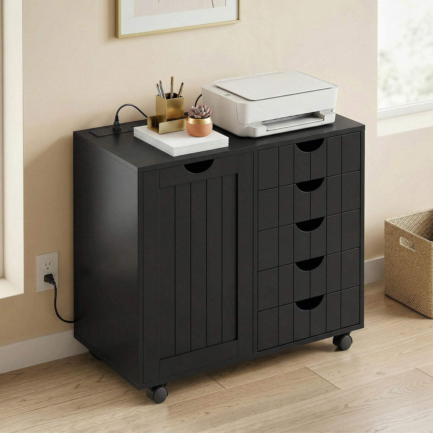 Mobile Lateral Filing Cabinet with 5 Drawers, Printer Stand with Power Outlets and USB Ports for Home Office, Black