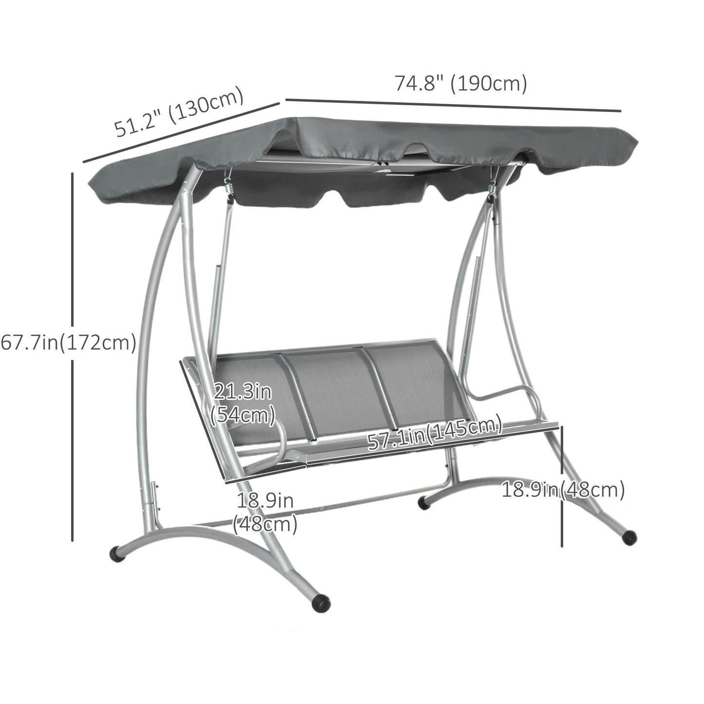3 Person Patio Swing Seats with Adjustable Canopy Outdoor Swing Chair Bench for Garden, Poolside, Dark Grey