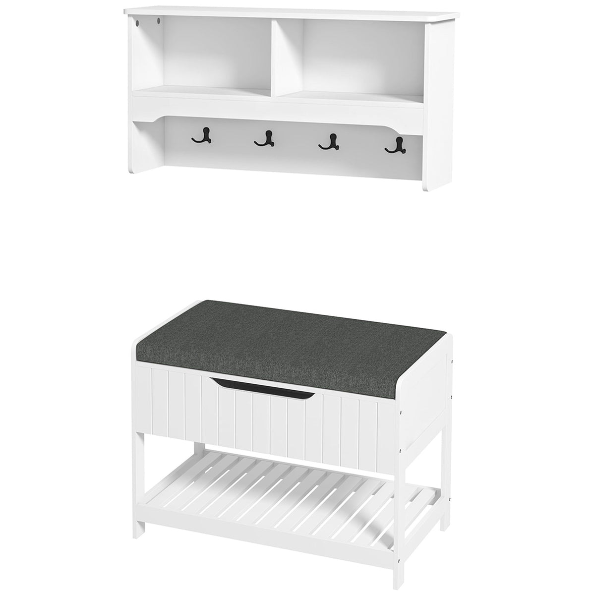 Hall Tree Coat Rack with Shoe Storage Bench - White