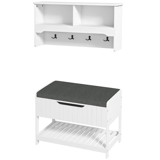 Hall Tree Coat Rack with Shoe Storage Bench - White