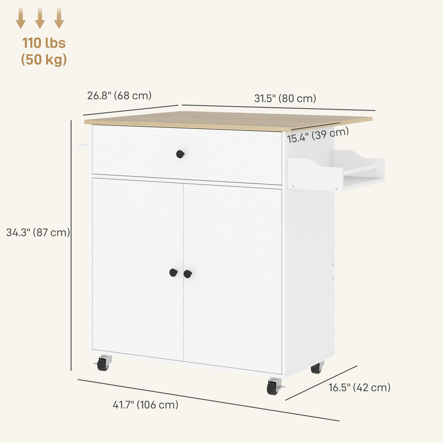 Rolling Kitchen Island with Drop Leaf and Drawer - White
