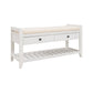 Multipurpose Entryway Storage Bench with Pine Wood Construction, Shoe Rack with Cushioned Seat and Drawers, 39" L x 14" W x 20" H, White