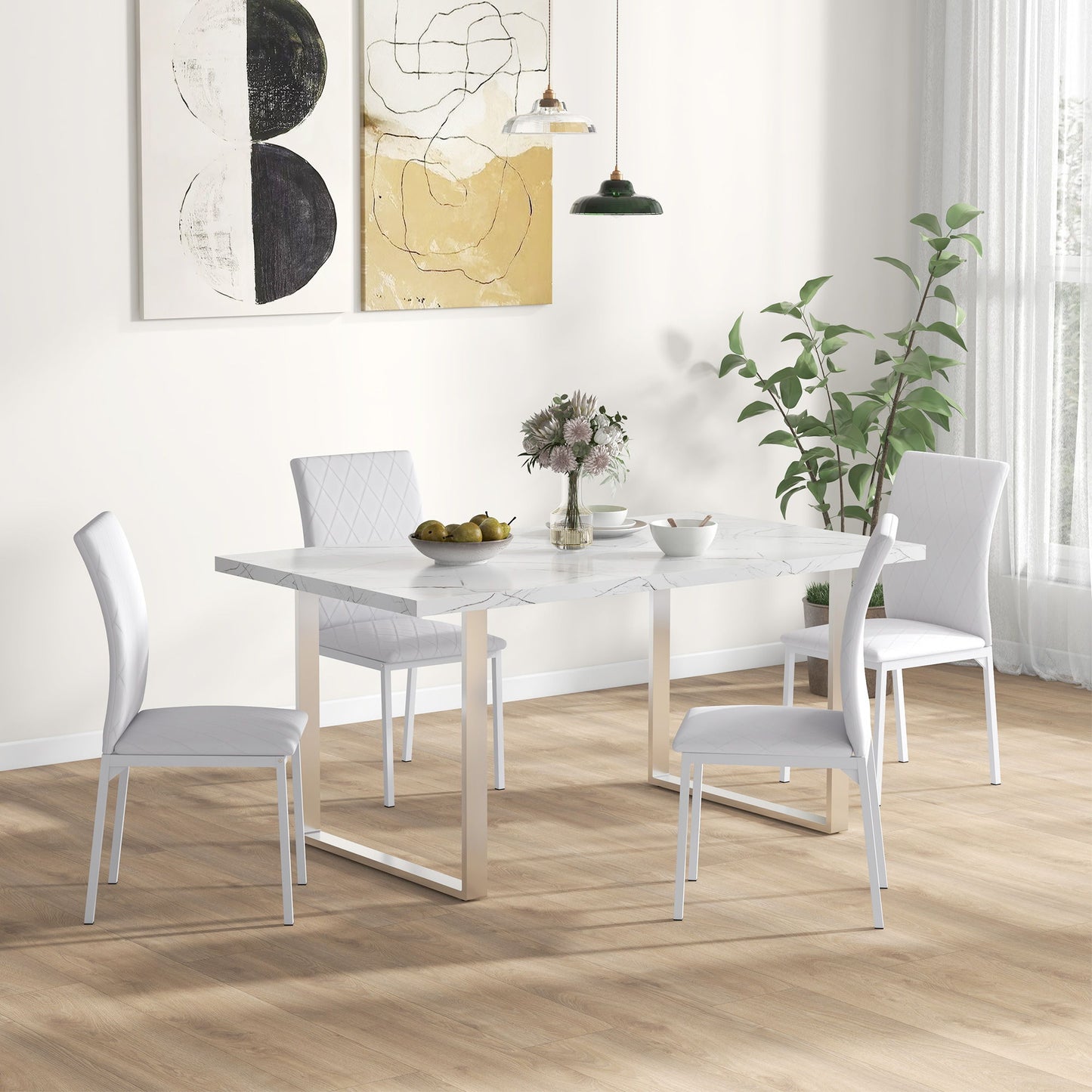 Modern Dining Chairs Set of 4, Upholstered Faux Leather Kitchen Chairs with Rhombic Tufting and Metal Legs for Living Room, White