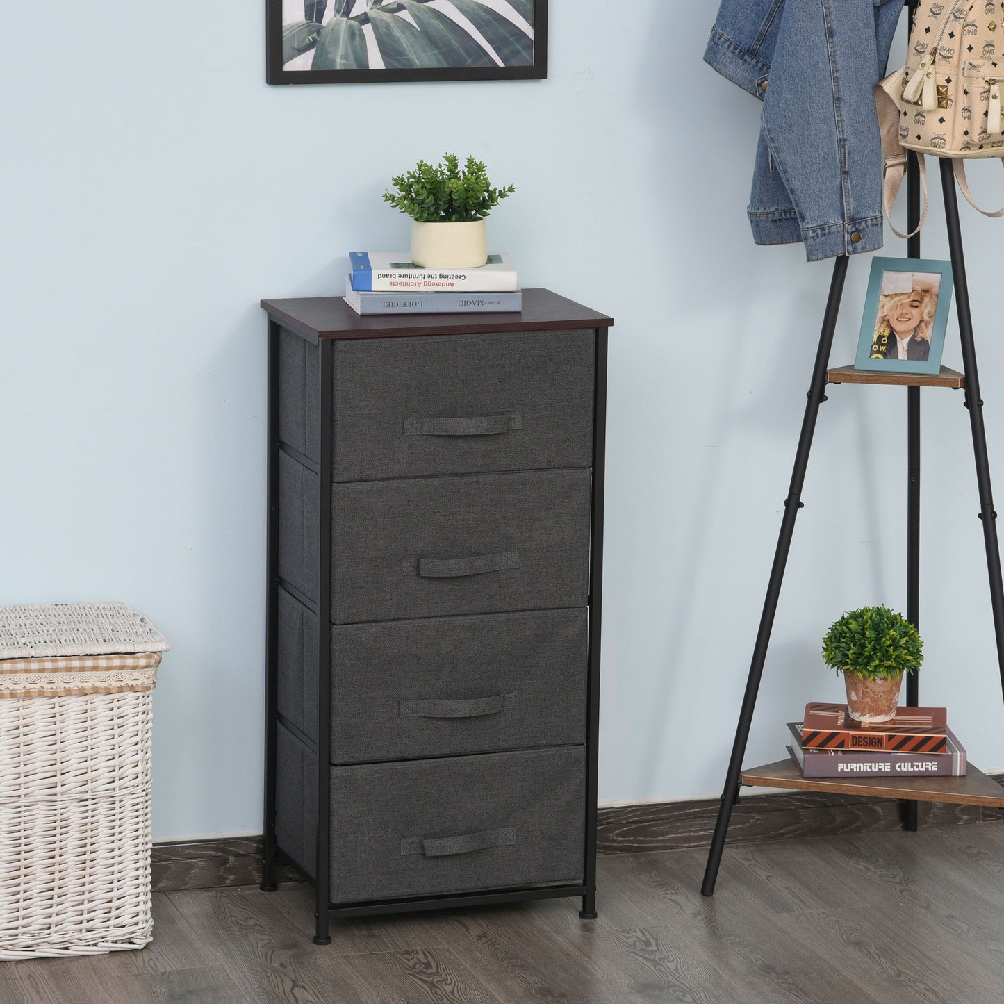 Linen Drawer Cabinet Organizer Storage Dresser Tower with 4 Removable Drawer Metal Frame Adjustable Feet for Living Room, Kitchen, Bathroom, Black