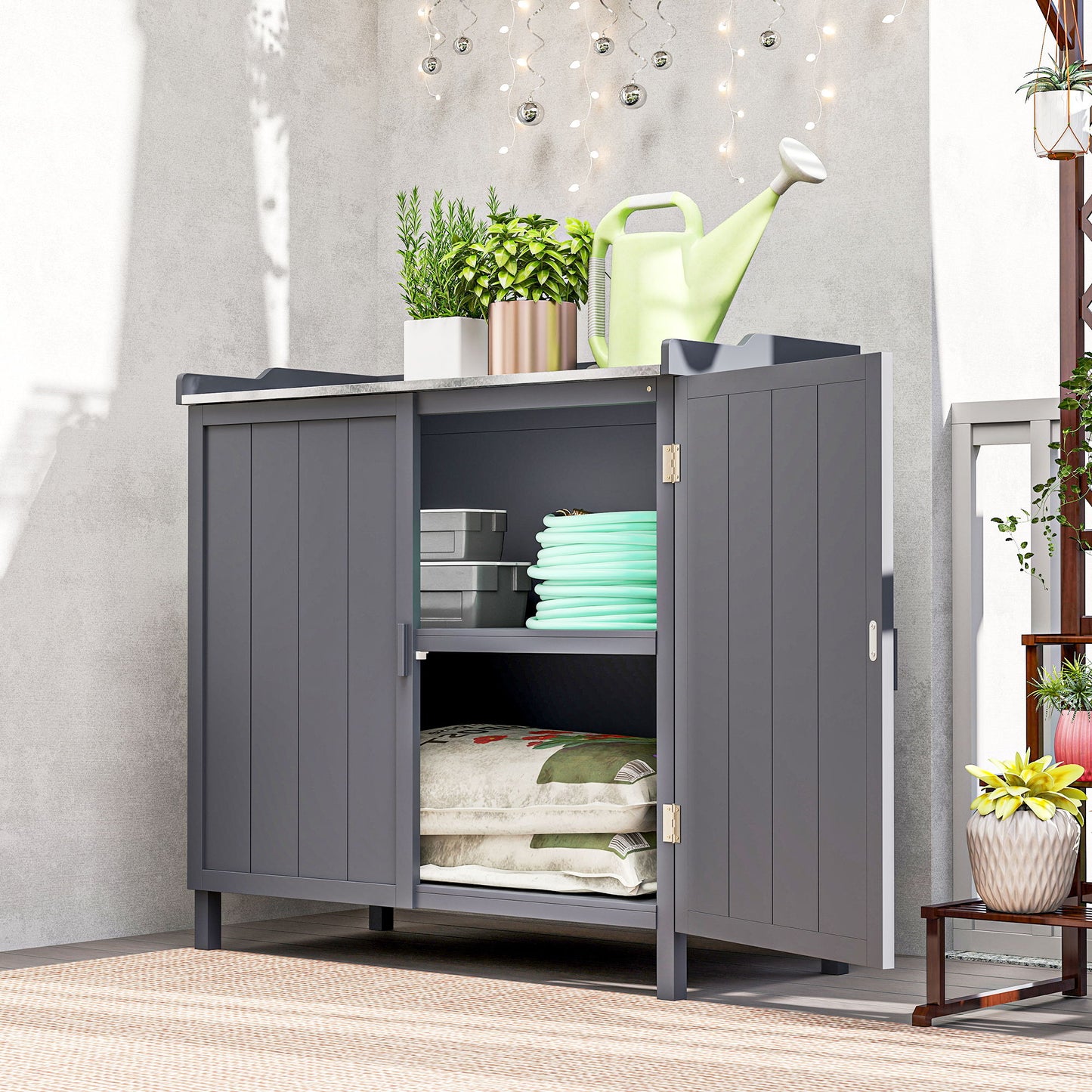 Garden Storage Cabinet, Outdoor Potting Bench Table with Galvanized Top and Shelf, Tool Shed with Double Doors, Grey