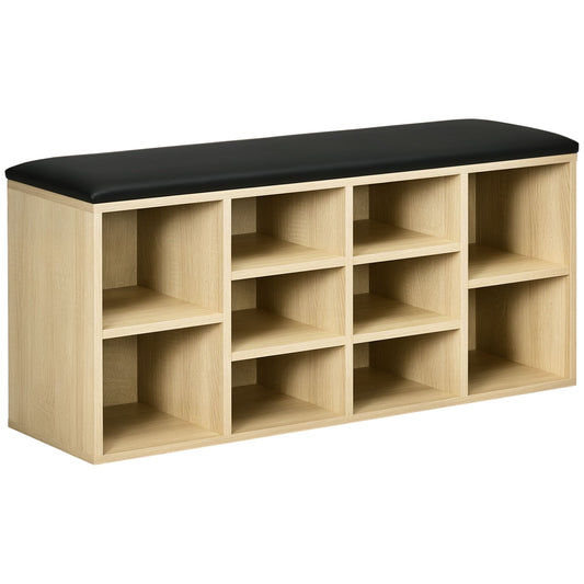Wooden Shoe Bench with Padded Cushion, Storage Bench with 10 Compartments and Adjustable Shelves, Entryway Organizer for Hallway Living Room
