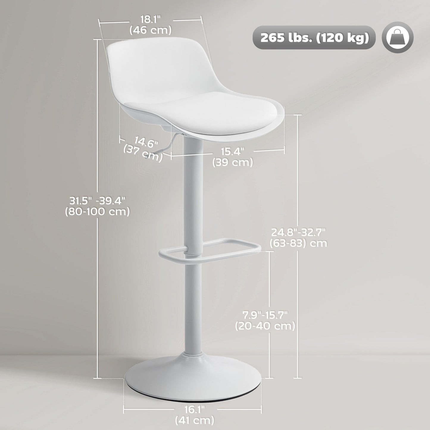 Counter Height Bar Stools Set of 2, Streamlined Bar Chairs with Adjustable Height and Swivel PU Leather Seat, White