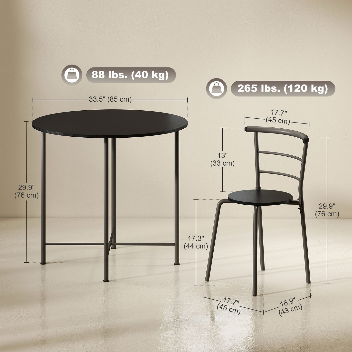 5-Piece Round Dining Set for 4 with Metal Frame - Black Wood Grain