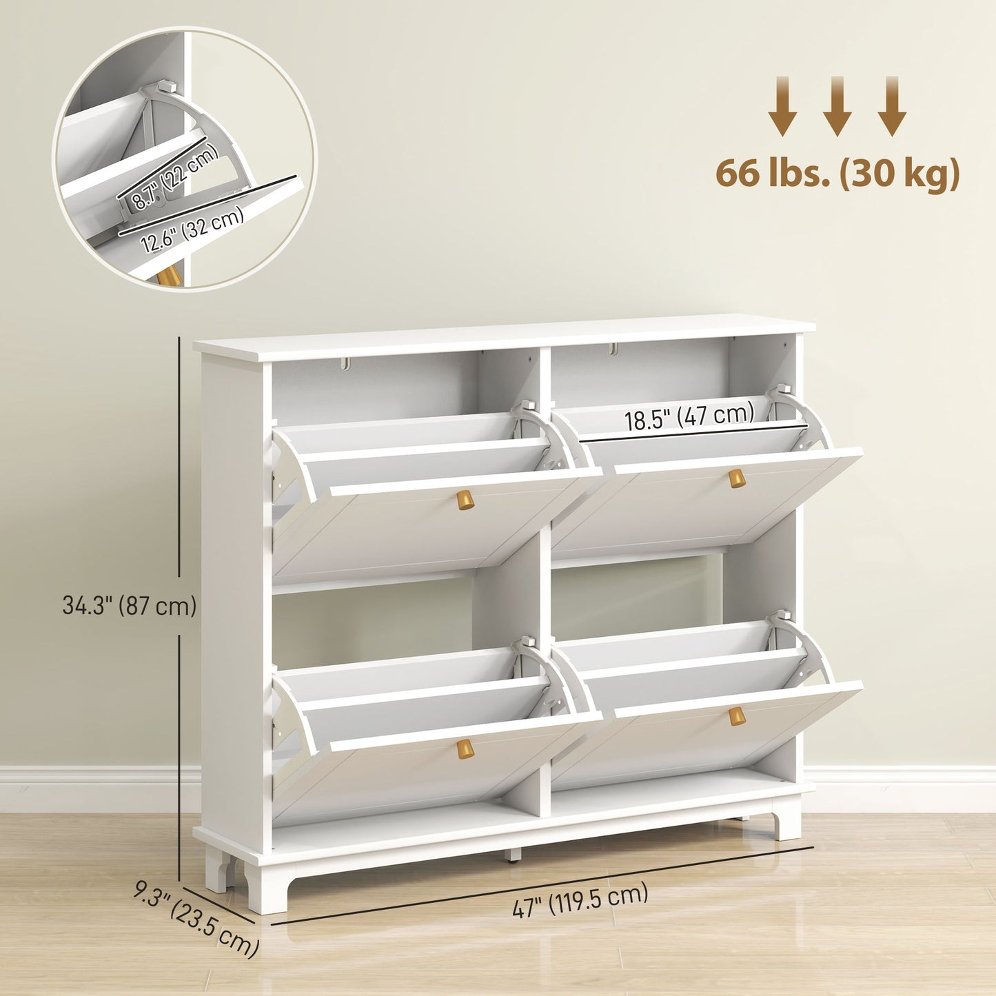 Modern Shoe Storage Cabinet, Narrow Shoe Cabinet with 4 Flip Drawers, Adjustable Shelves, 5 Legs for Entryway, White