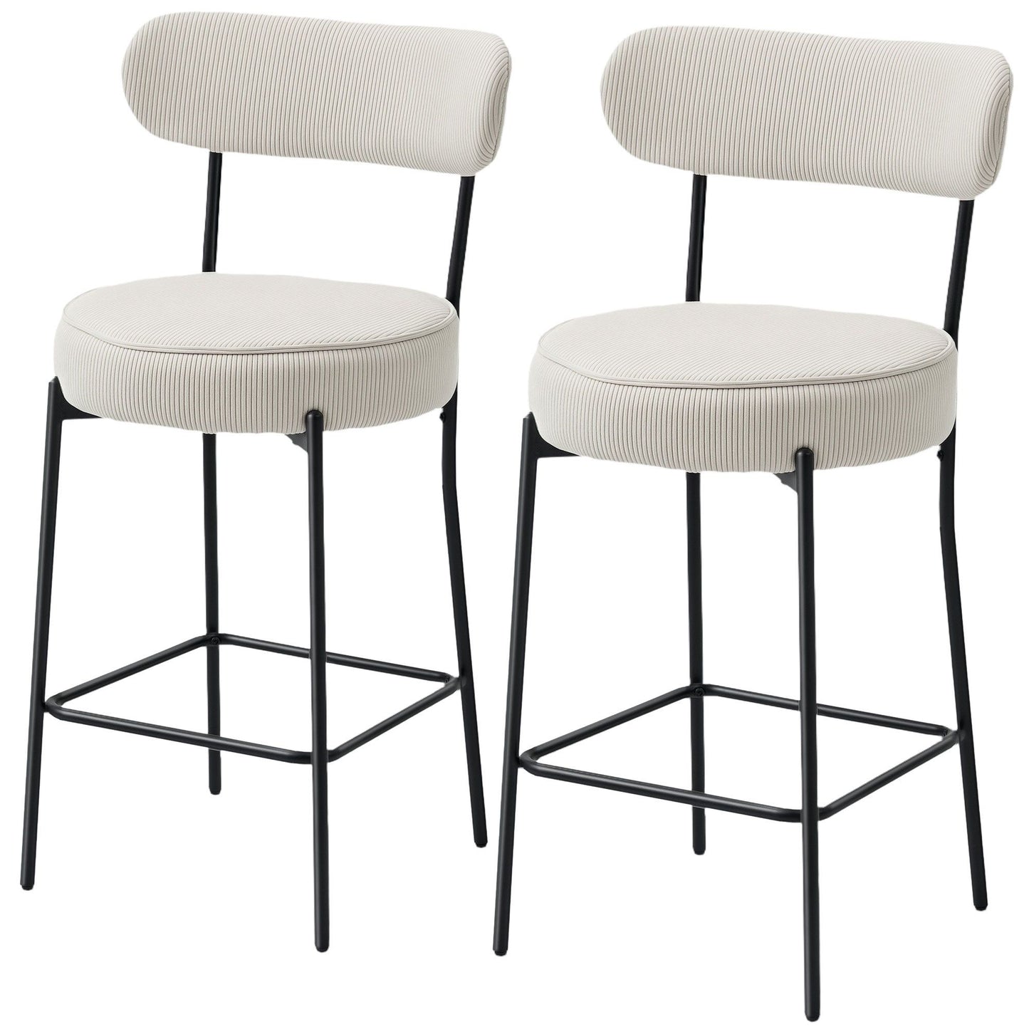 Set of 2 Corduroy Bar Stools with Backrest - Cream White