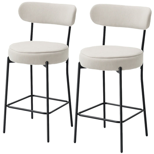 Set of 2 Corduroy Bar Stools with Backrest - Cream White