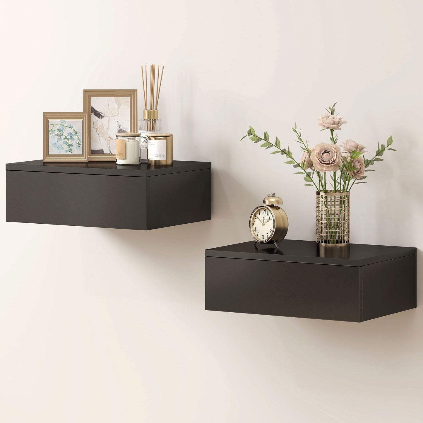 Set of 2 Wall Mounted Bedside Tables, Floating Nightstands with Drawer for Bedroom, Black