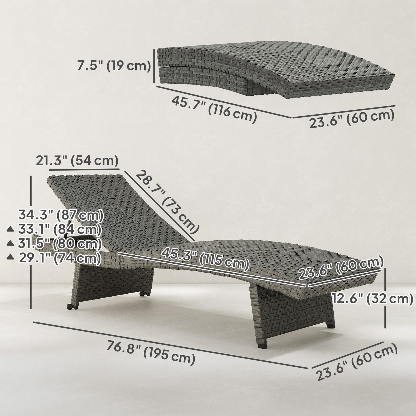 Patio Lounger, Folding Wicker Outdoor Chaise Lounge with 4-Level Adjustable Backrest, Grey