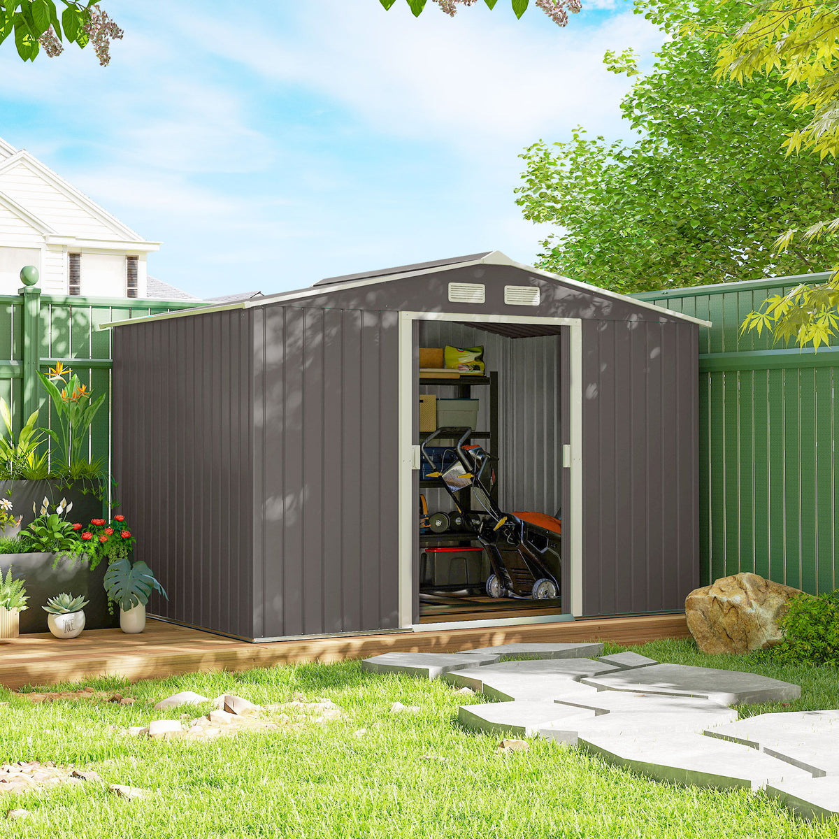 9x6 Galvanized Steel Ventilated Garden Storage Shed with Double Doors, Foundation Kit, Grey