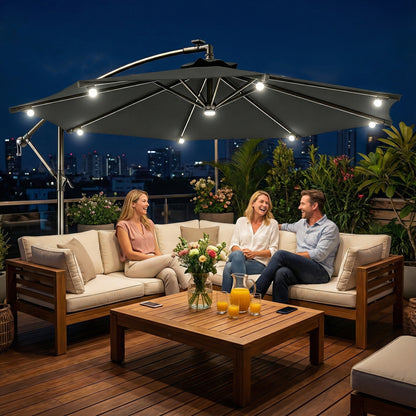 8.8FT Grey Cantilever Umbrella with Solar LED Lights & Crank