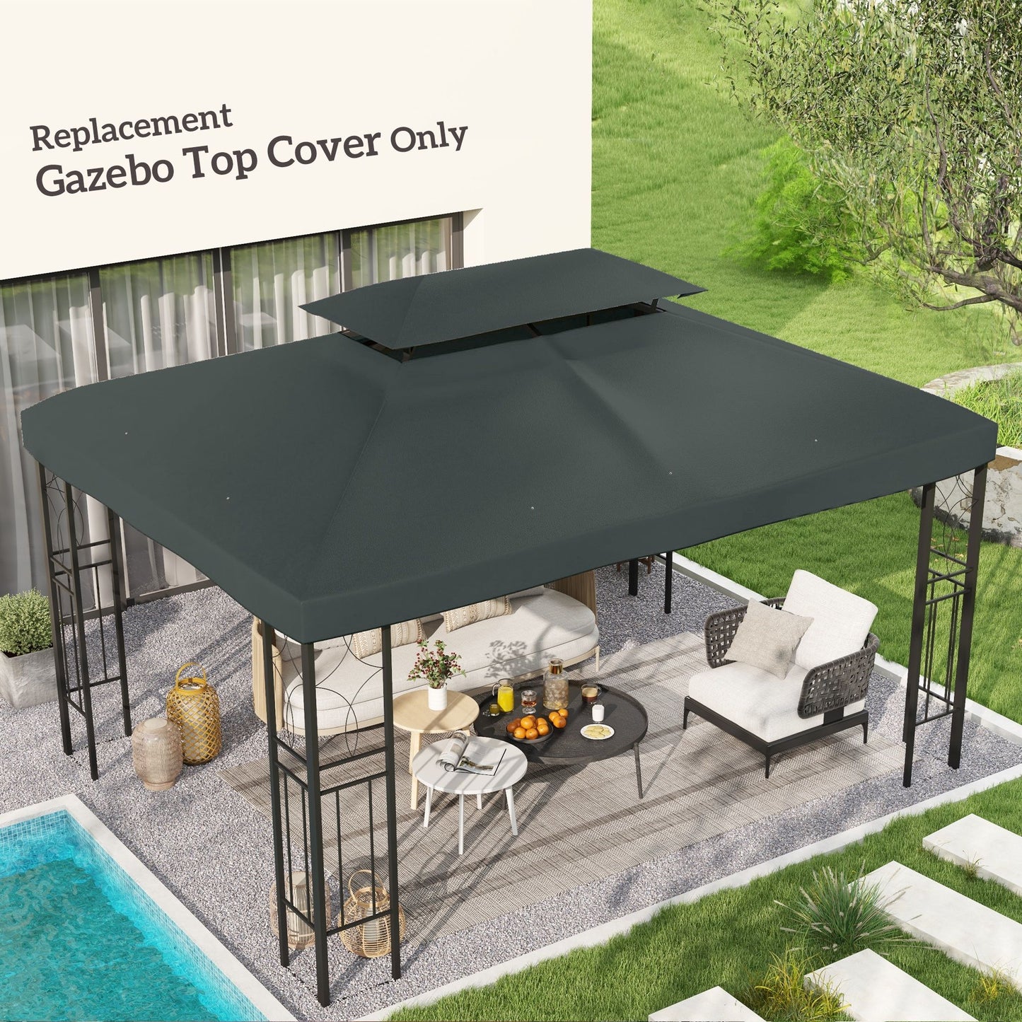 13' x 10' Gazebo Replacement Canopy 2 Tier Top UV Cover Pavilion Garden Patio Outdoor, Grey (TOP ONLY)