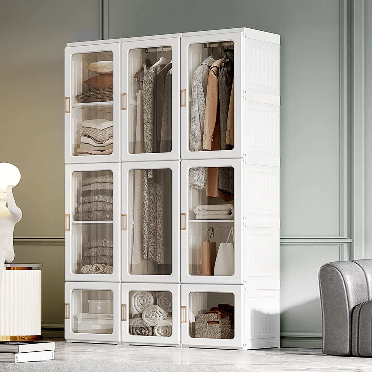 Small Apartment Bedroom Closet Foldable Portable Closet with Cube Storage Hanging Rods Magnet Doors, White