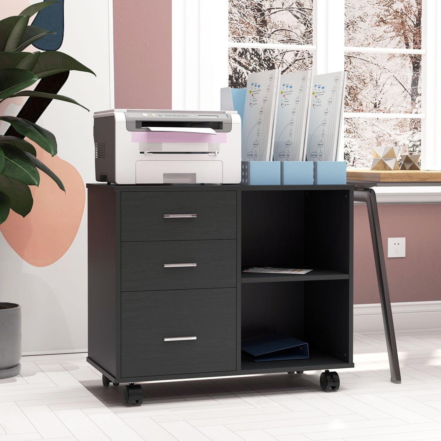 3-Drawer Lateral Filing Cabinet with Wheels - Black