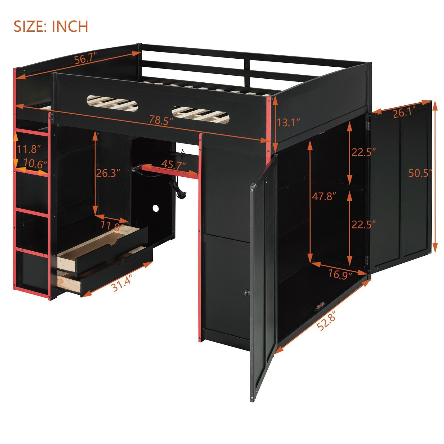 Full Size Wood Loft Bed with Built-In Desk and Gaming Station, Sturdy Bed Frame for Gamers and Multitaskers, 78.5'' L x 56.5'' W x 65'' H, Red