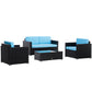 4 Pieces Wicker Patio Furniture Set with Thick Cushions, Outdoor PE Rattan Conversation Sofa Set with Glass Top Table & Extra Wide Seat, Sky Blue
