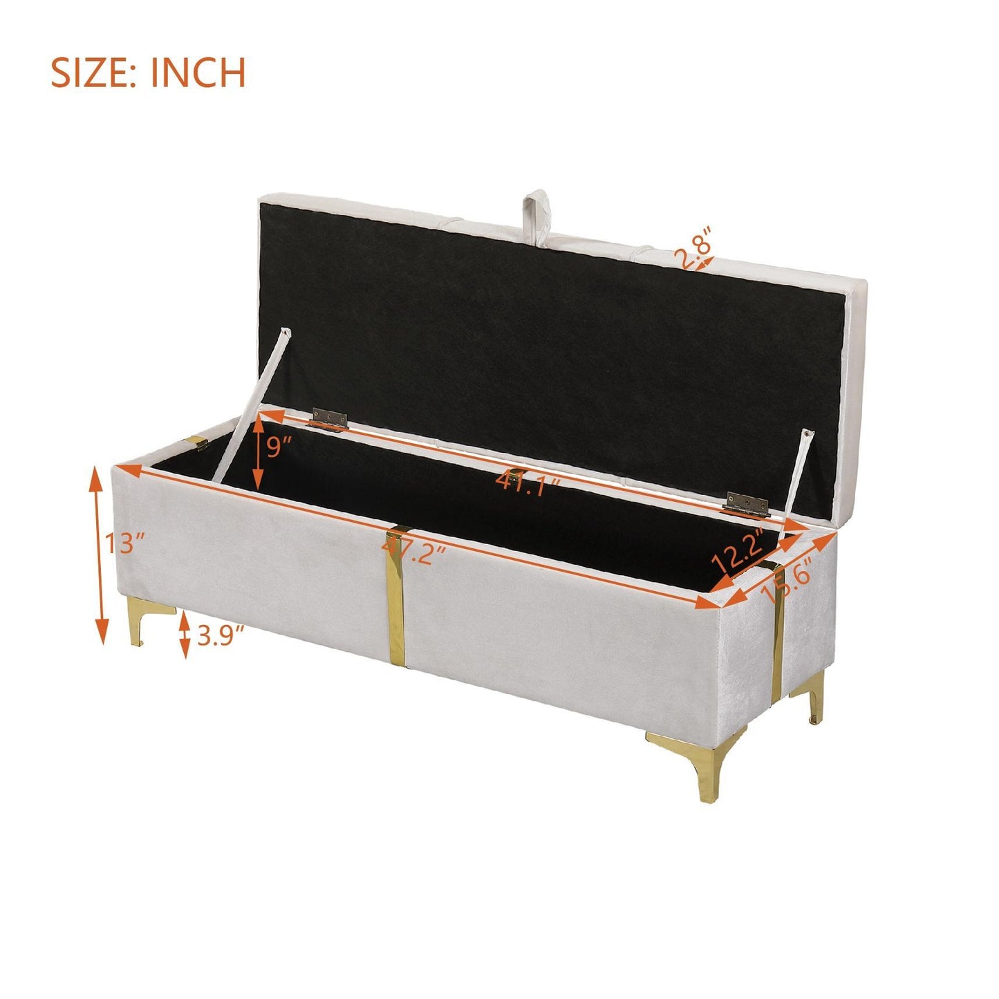 Elegant Upholstered Storage Ottoman with Metal Legs, Generous Storage, Bench for Bedroom and Living Room, 47" L x 15.5" W x 16" H, Beige