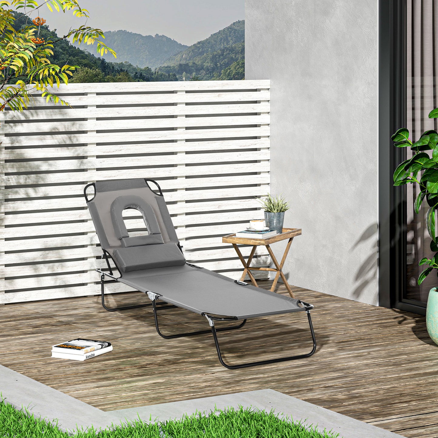 Adjustable Outdoor Lounge Chair, Garden Folding Chaise Lounge with Face Hole Reclining Tanning Chair Seat, Folding Camping Beach Lounging Bed w/ Support Pillow, Grey