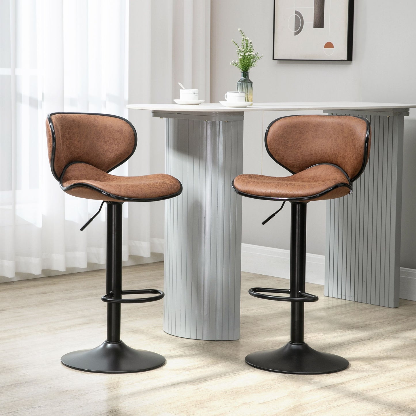 Vintage Set of 2 Microfiber Cloth Adjustable Bar Height Stools with Swivel Seat, Brown