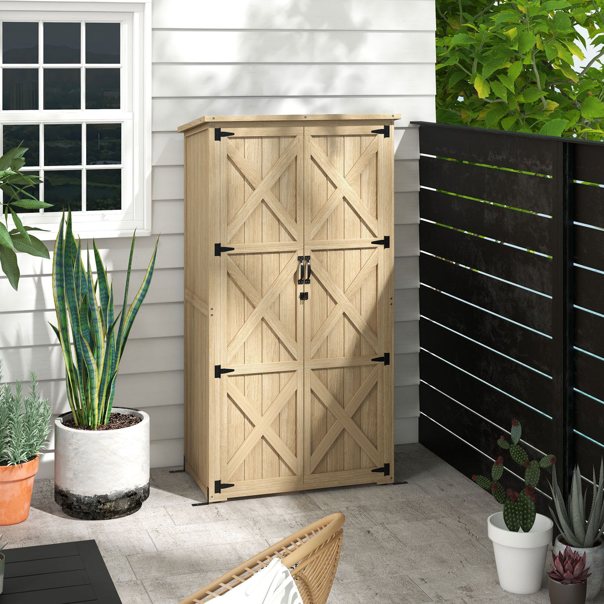 Wooden Outdoor Storage Cabinet Garden Shed with Waterproof Asphalt Roof and Lockable Doors, Natural